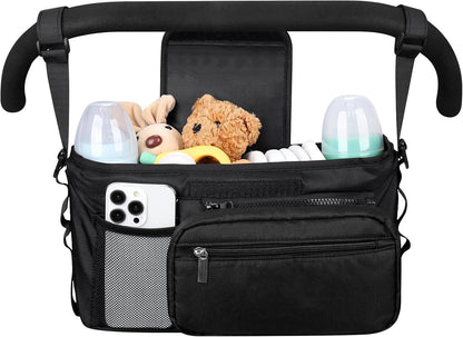 Universal Stroller Organizer with Cup Holder Detachable Phone Bag Shoulder Strap, Stroller Caddy Bag Accessories, Stroller Organizer for Uppababy, Baby Jogger, Britax Strollers