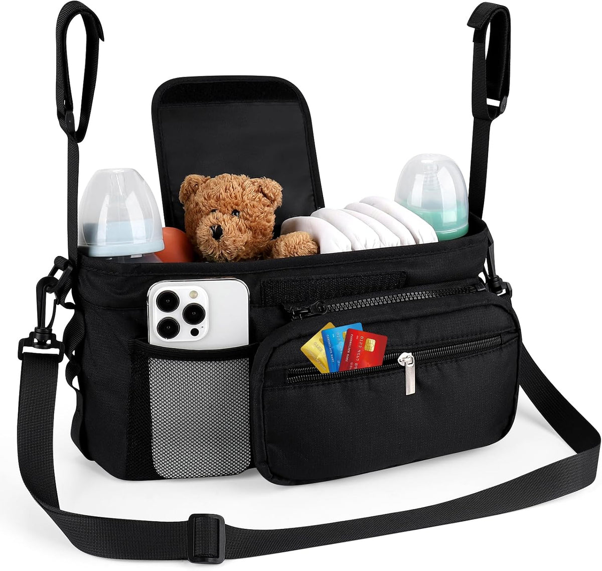Universal Stroller Organizer with Cup Holder Detachable Phone Bag Shoulder Strap, Stroller Caddy Bag Accessories, Stroller Organizer for Uppababy, Baby Jogger, Britax Strollers