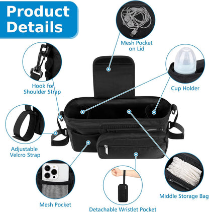 Universal Stroller Organizer with Cup Holder Detachable Phone Bag Shoulder Strap, Stroller Caddy Bag Accessories, Stroller Organizer for Uppababy, Baby Jogger, Britax Strollers