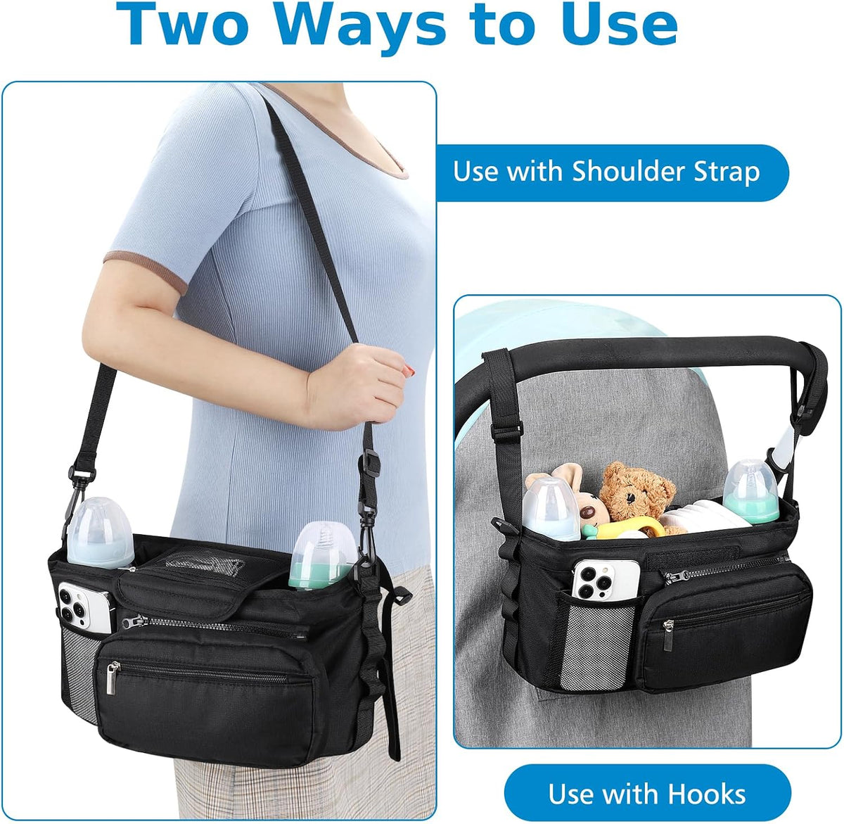 Universal Stroller Organizer with Cup Holder Detachable Phone Bag Shoulder Strap, Stroller Caddy Bag Accessories, Stroller Organizer for Uppababy, Baby Jogger, Britax Strollers