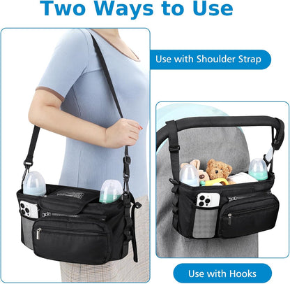 Universal Stroller Organizer with Cup Holder Detachable Phone Bag Shoulder Strap, Stroller Caddy Bag Accessories, Stroller Organizer for Uppababy, Baby Jogger, Britax Strollers