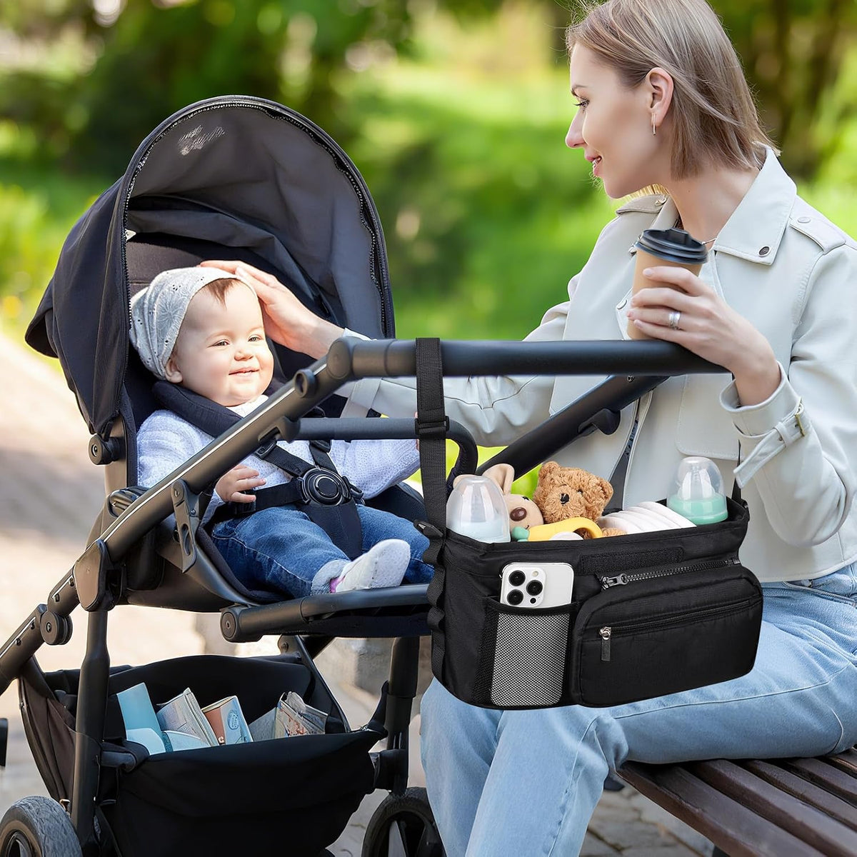 Universal Stroller Organizer with Cup Holder Detachable Phone Bag Shoulder Strap, Stroller Caddy Bag Accessories, Stroller Organizer for Uppababy, Baby Jogger, Britax Strollers