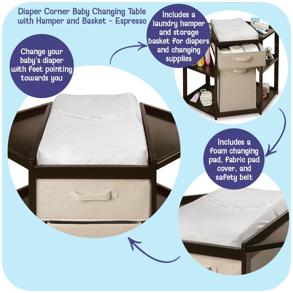 Diaper Corner Baby Changing Table with Pad, Hamper and Basket