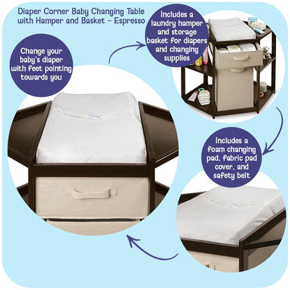 Diaper Corner Baby Changing Table with Pad, Hamper and Basket