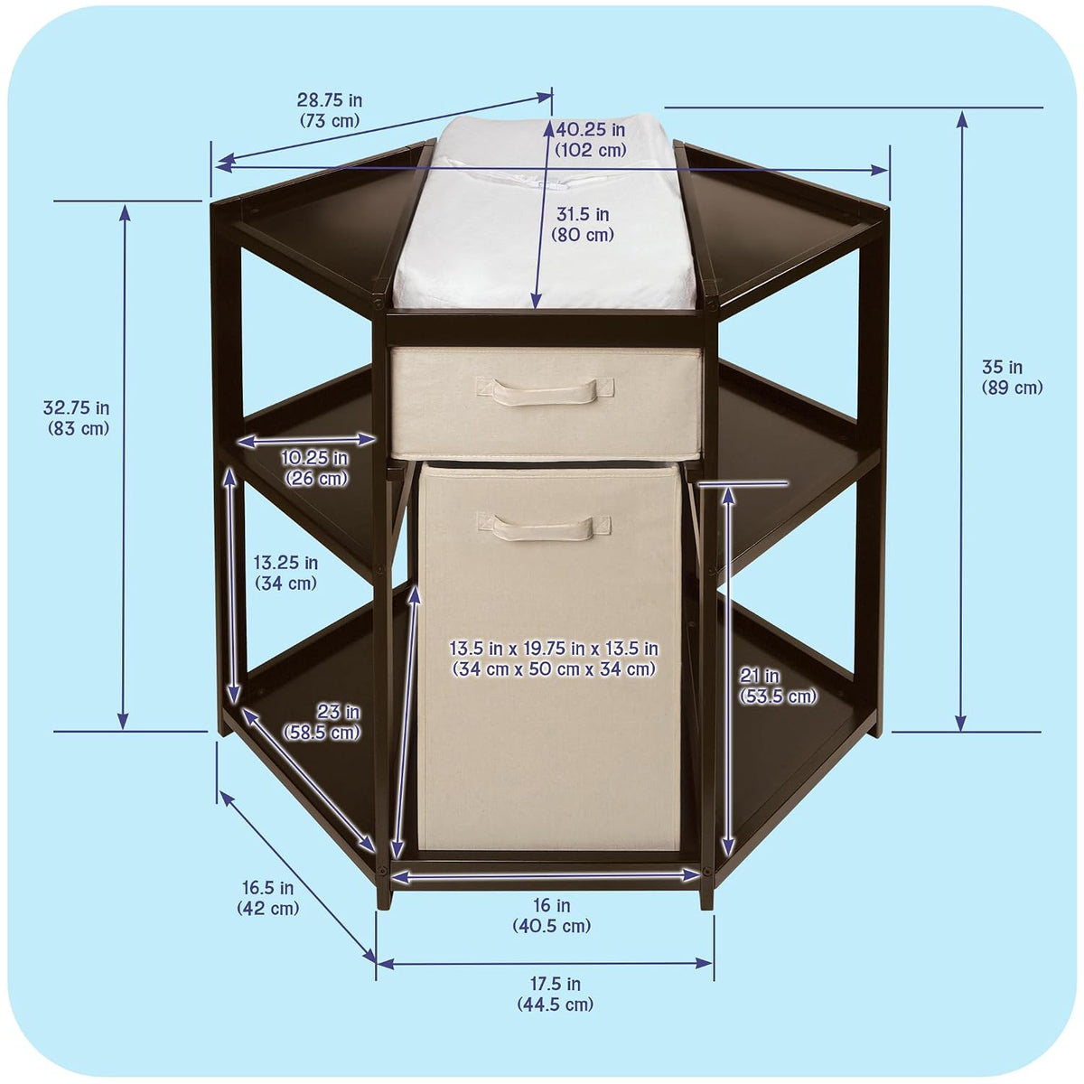 Diaper Corner Baby Changing Table with Pad, Hamper and Basket