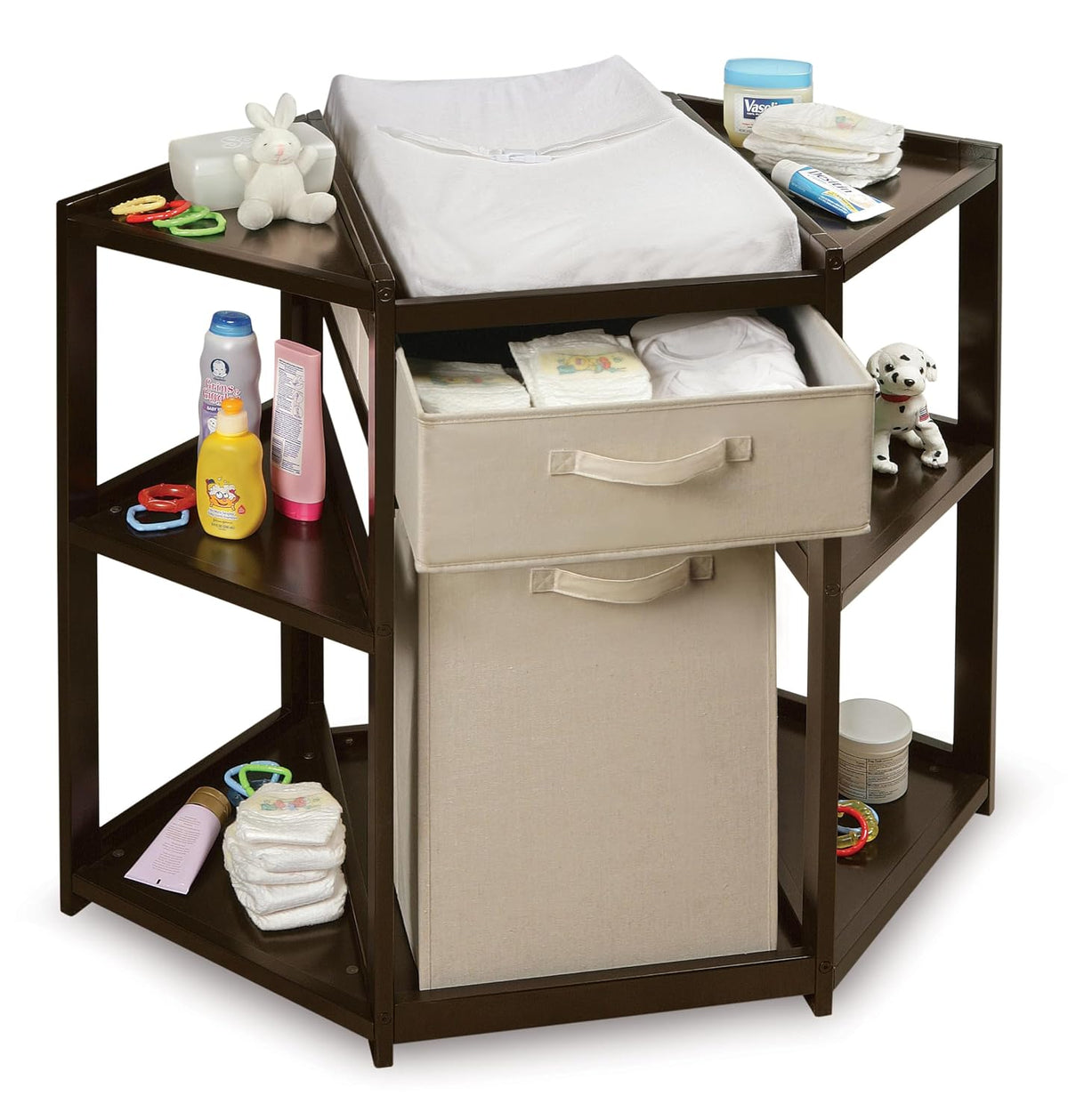 Diaper Corner Baby Changing Table with Pad, Hamper and Basket