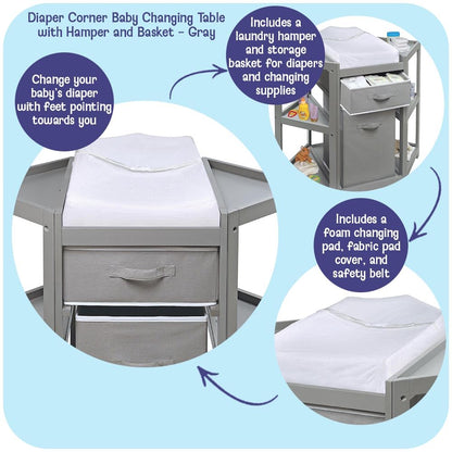Diaper Corner Baby Changing Table with Pad, Hamper and Basket