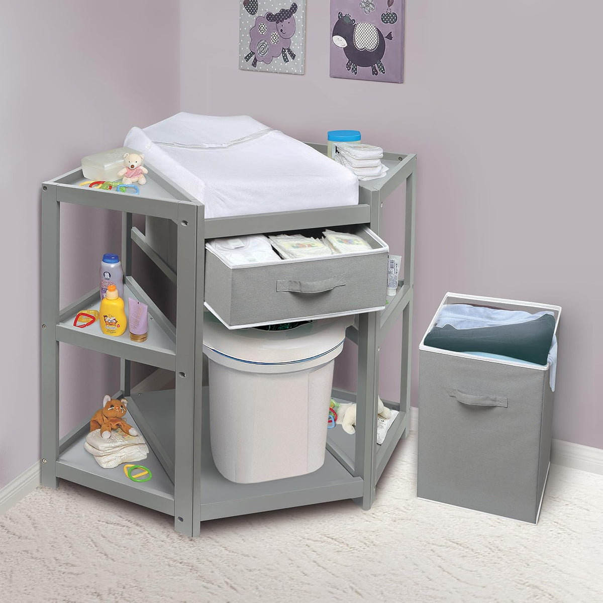 Diaper Corner Baby Changing Table with Pad, Hamper and Basket
