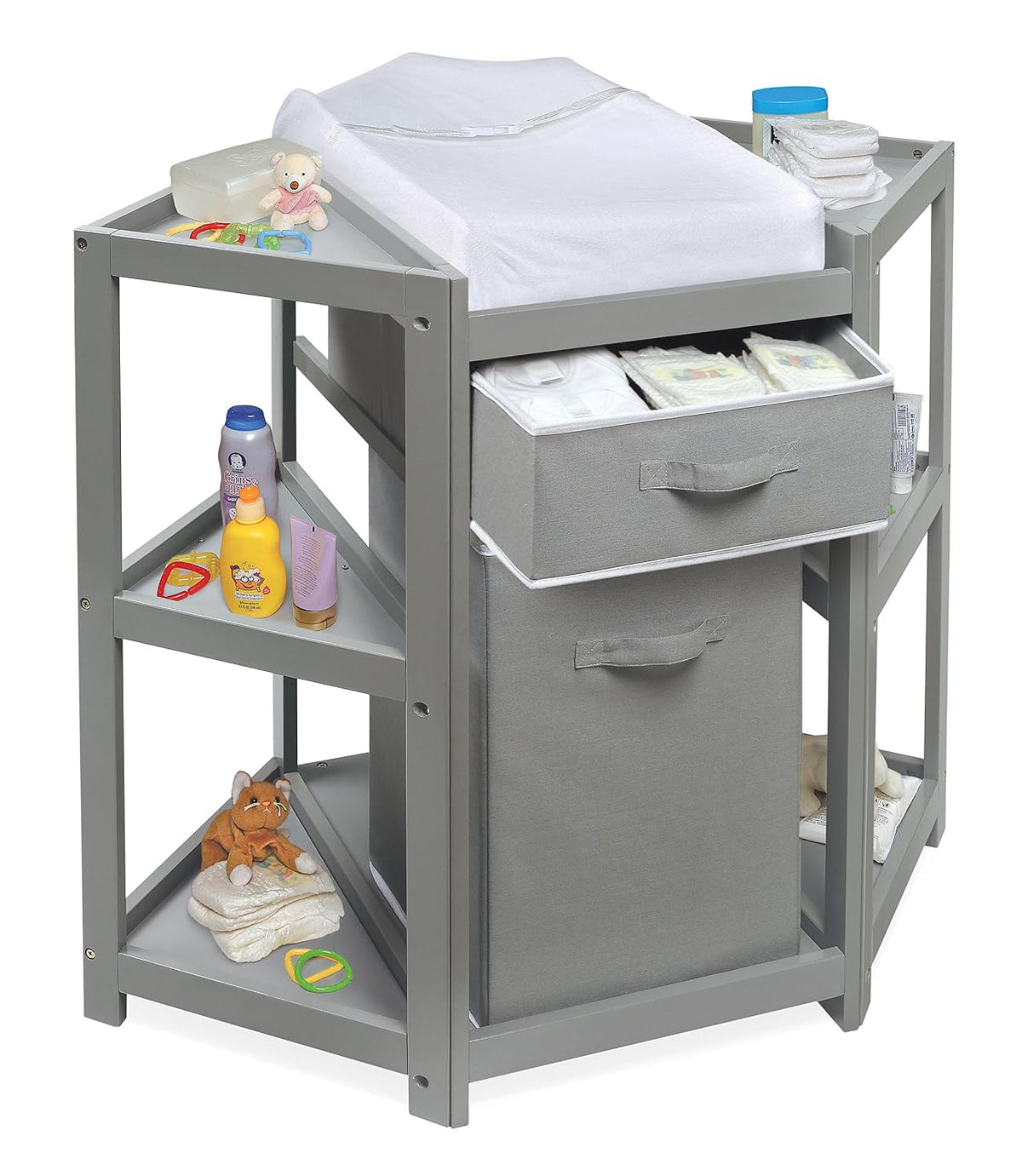 Diaper Corner Baby Changing Table with Pad, Hamper and Basket