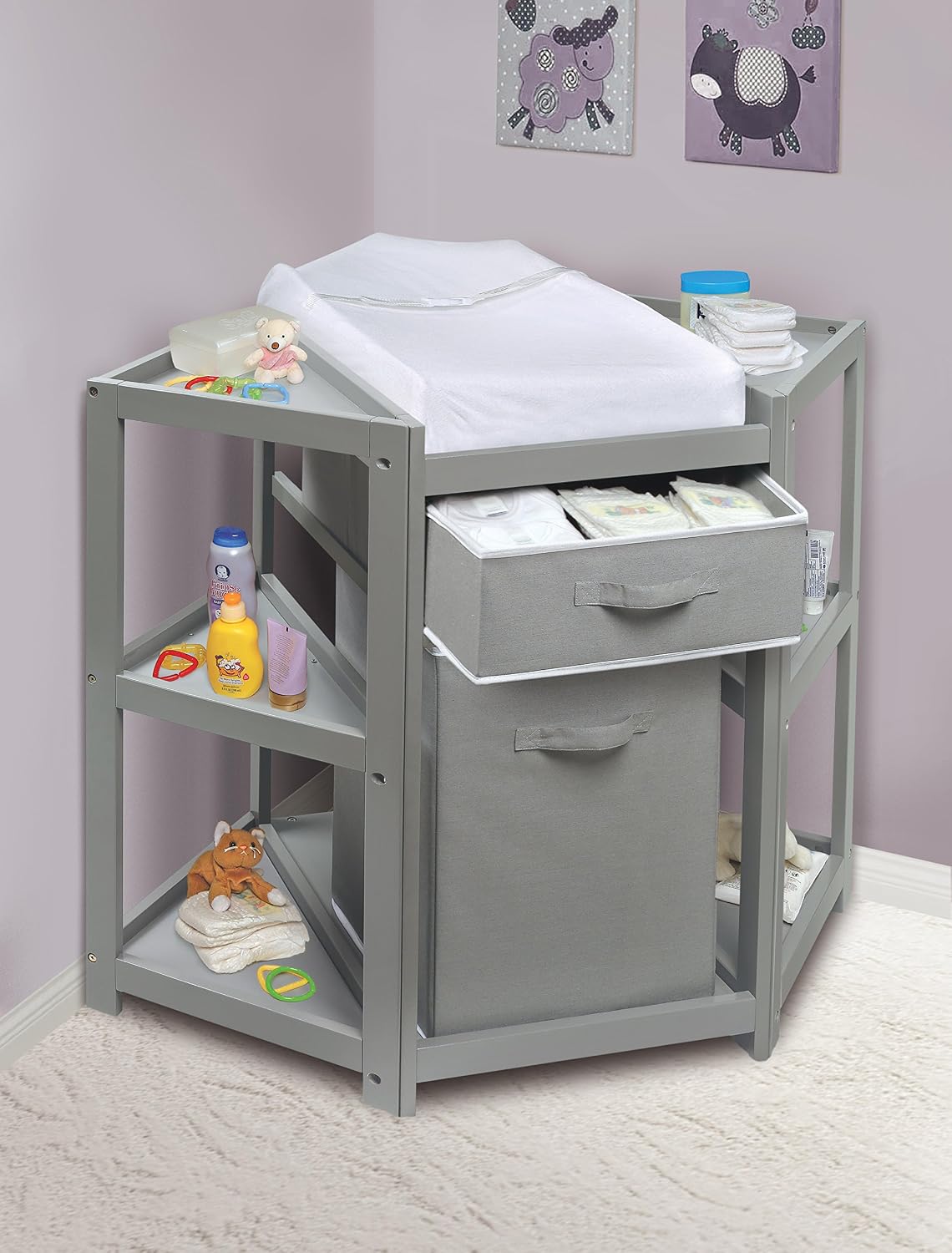 Diaper Corner Baby Changing Table with Pad, Hamper and Basket