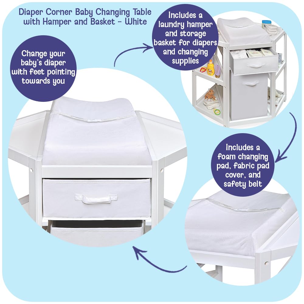 Diaper Corner Baby Changing Table with Pad, Hamper and Basket