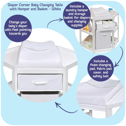 Diaper Corner Baby Changing Table with Pad, Hamper and Basket