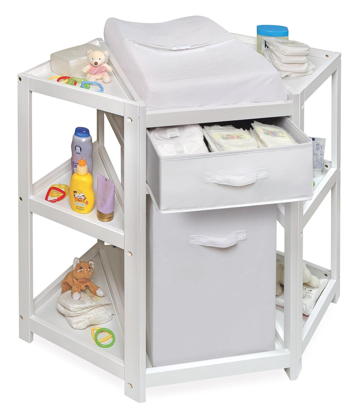 Diaper Corner Baby Changing Table with Pad, Hamper and Basket