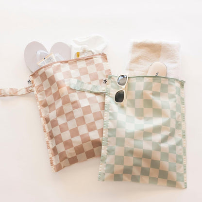 Mess Proof Wet Bags | Reusable Waterproof Wet Bags for Swimsuits | Baby Clothes | Travel & Diaper Bag (Pink, Brown Checkers) - Colors A