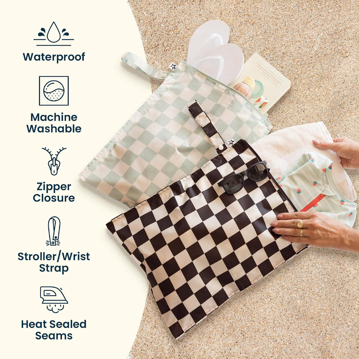 Mess Proof Wet Bags | Reusable Waterproof Wet Bags for Swimsuits | Baby Clothes | Travel & Diaper Bag (Pink, Brown Checkers) - Colors A