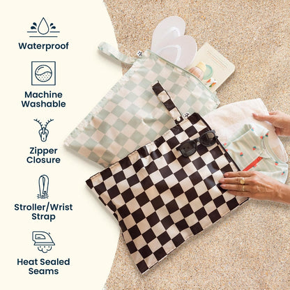 Mess Proof Wet Bags | Reusable Waterproof Wet Bags for Swimsuits | Baby Clothes | Travel & Diaper Bag (Pink, Brown Checkers) - Colors A
