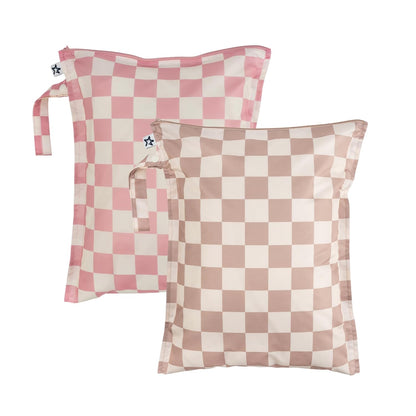 Mess Proof Wet Bags | Reusable Waterproof Wet Bags for Swimsuits | Baby Clothes | Travel & Diaper Bag (Pink, Brown Checkers) - Colors A