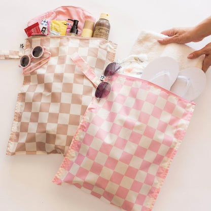 Mess Proof Wet Bags | Reusable Waterproof Wet Bags for Swimsuits | Baby Clothes | Travel & Diaper Bag (Pink, Brown Checkers) - Colors A