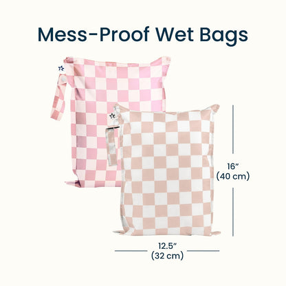 Mess Proof Wet Bags | Reusable Waterproof Wet Bags for Swimsuits | Baby Clothes | Travel & Diaper Bag (Pink, Brown Checkers) - Colors A