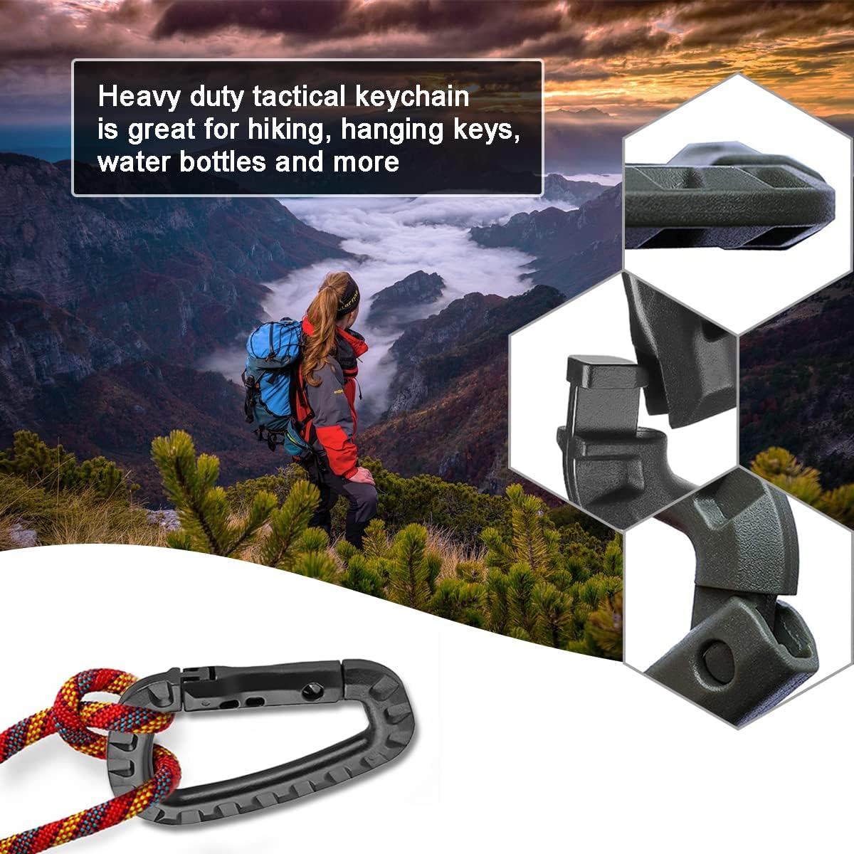 Tactical Gear Carabiner Keychain Clip Plastic D-Rings Large Key Chain Heavy Duty Snap Hook for Backpack, Belt, Keyrings, Bags, Bottle, Tent, Camping