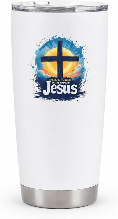 There Is Power In The Name Of Jesus 20oz Tumbler White | Evocative Cross and Sunburst Artwork for Believers Who Carry Faith Into Everyday Routines