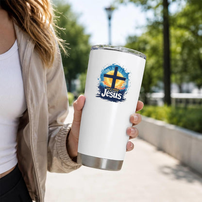 There Is Power In The Name Of Jesus 20oz Tumbler White | Evocative Cross and Sunburst Artwork for Believers Who Carry Faith Into Everyday Routines