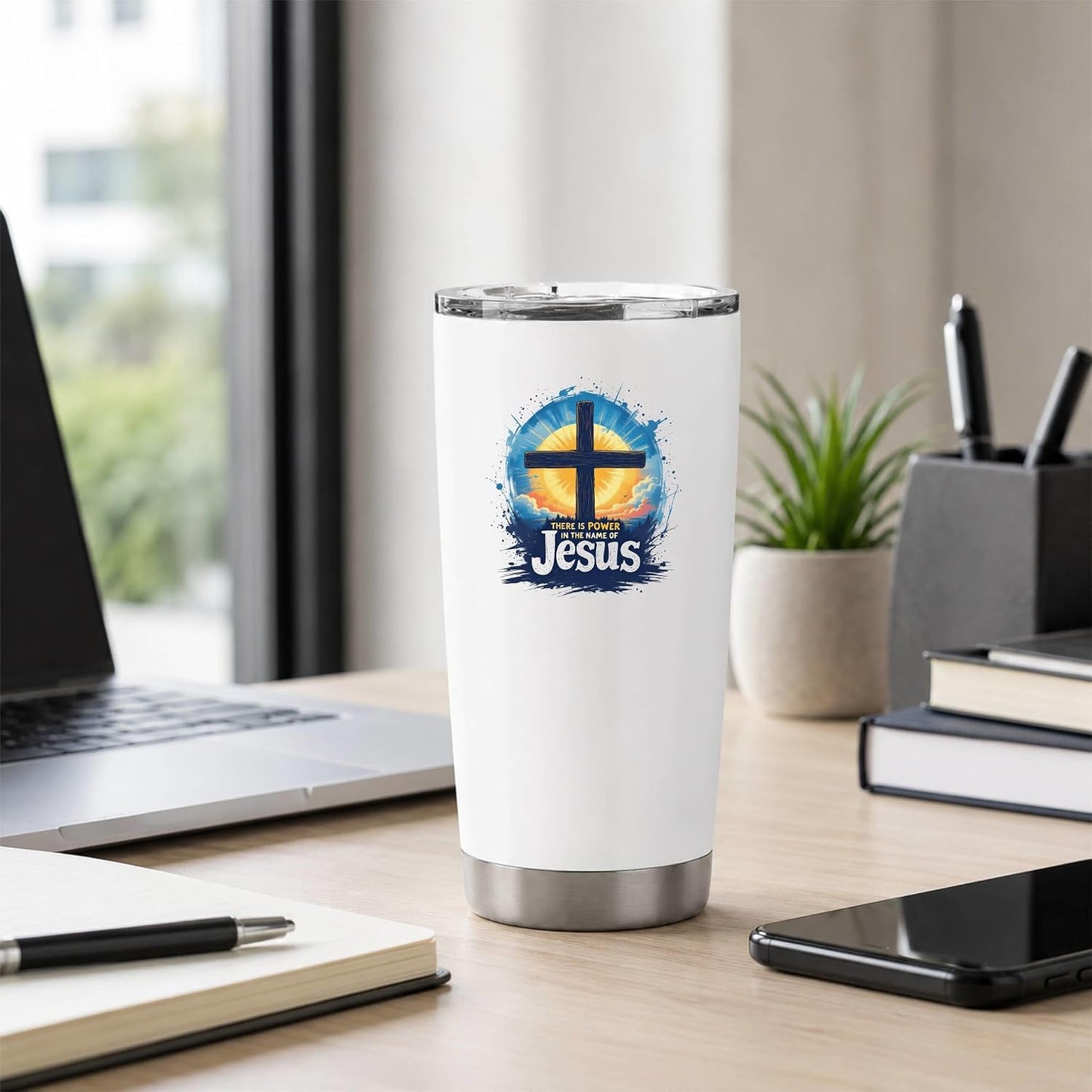 There Is Power In The Name Of Jesus 20oz Tumbler White | Evocative Cross and Sunburst Artwork for Believers Who Carry Faith Into Everyday Routines