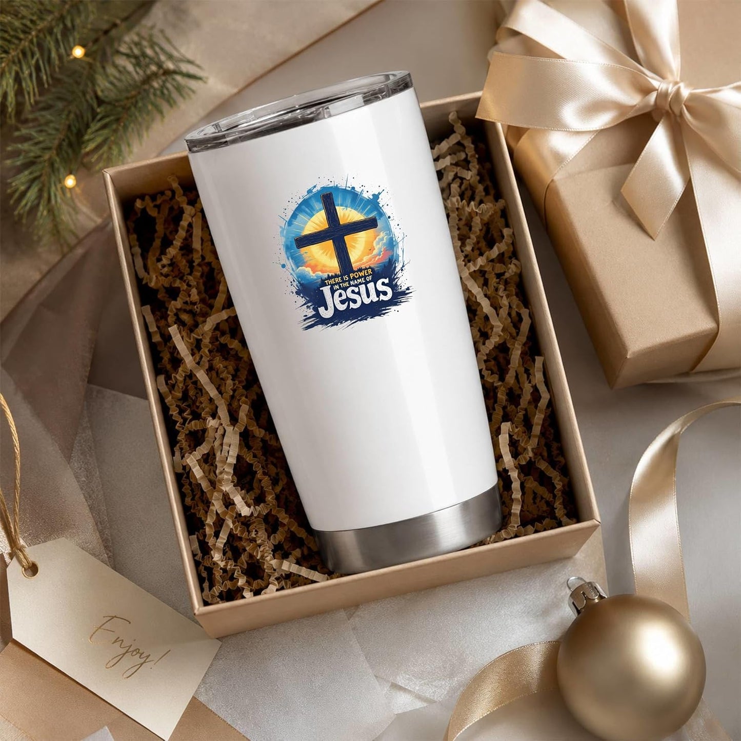 There Is Power In The Name Of Jesus 20oz Tumbler White | Evocative Cross and Sunburst Artwork for Believers Who Carry Faith Into Everyday Routines
