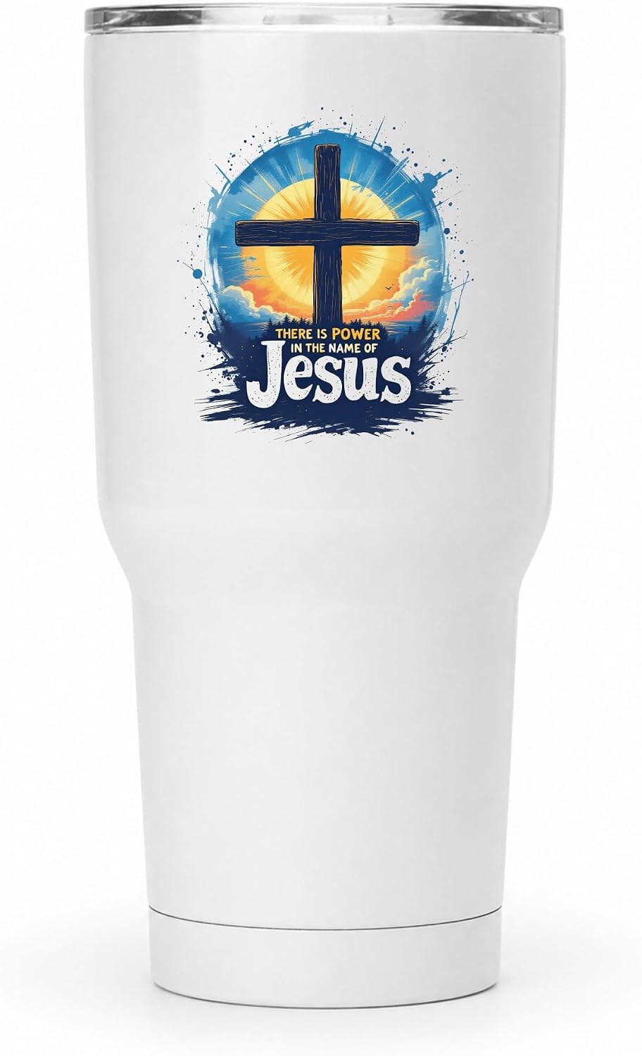 There Is Power In The Name Of Jesus 20oz Tumbler White | Evocative Cross and Sunburst Artwork for Believers Who Carry Faith Into Everyday Routines