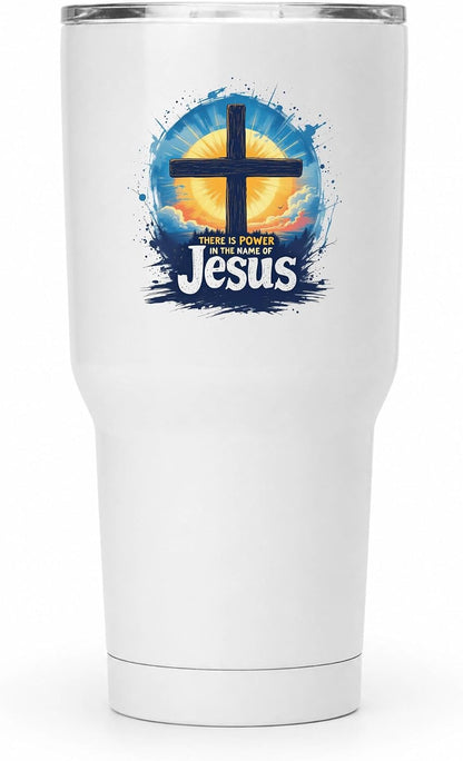 There Is Power In The Name Of Jesus 20oz Tumbler White | Evocative Cross and Sunburst Artwork for Believers Who Carry Faith Into Everyday Routines