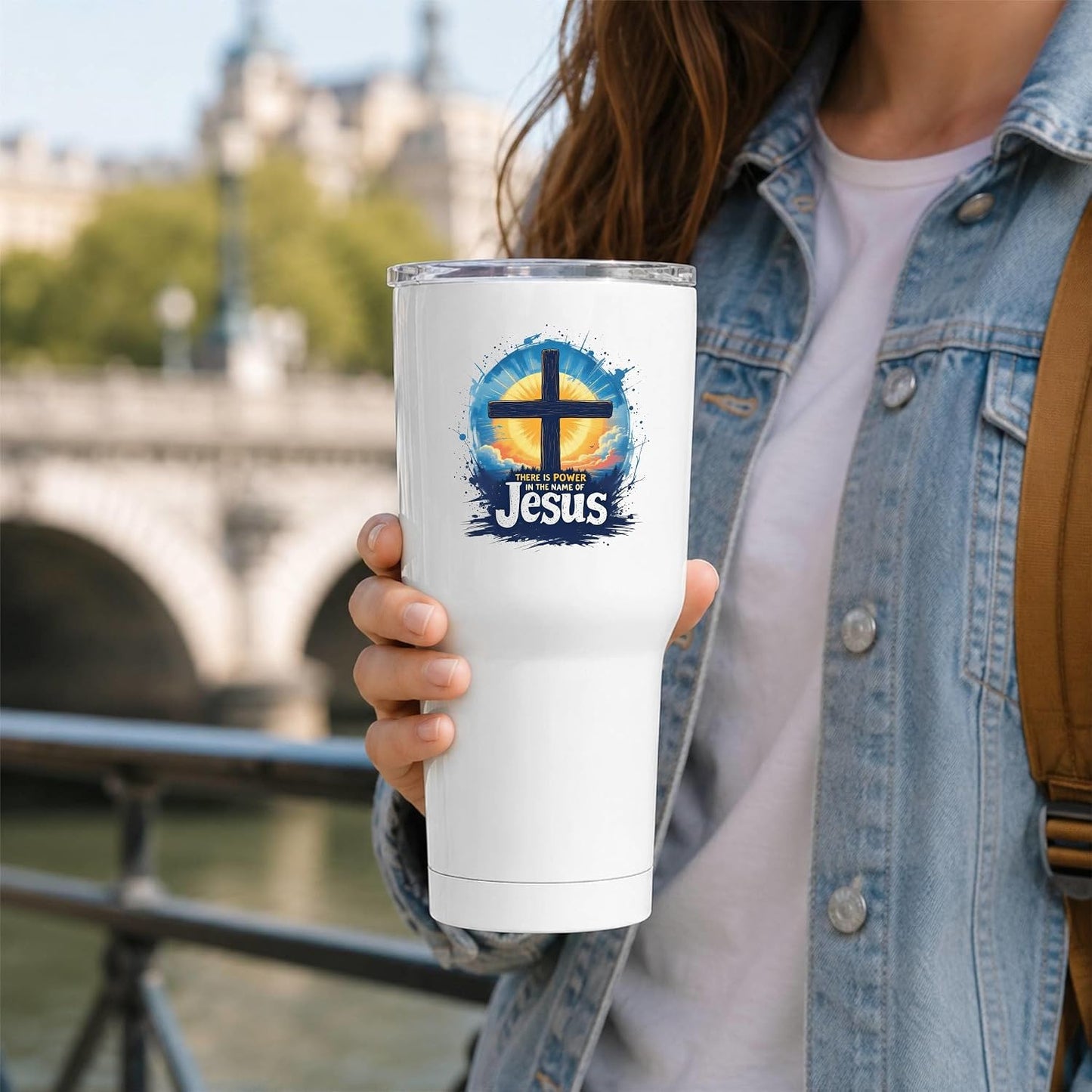 There Is Power In The Name Of Jesus 20oz Tumbler White | Evocative Cross and Sunburst Artwork for Believers Who Carry Faith Into Everyday Routines