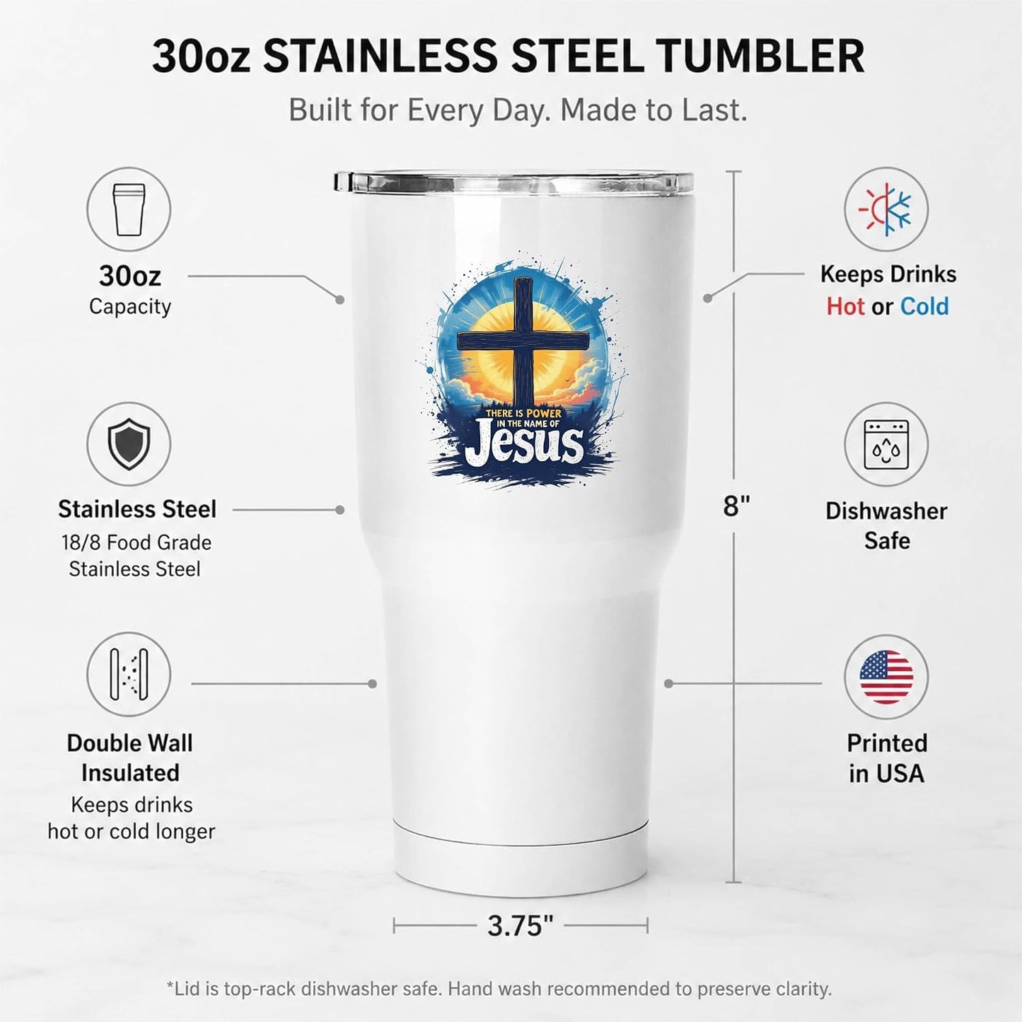 There Is Power In The Name Of Jesus 20oz Tumbler White | Evocative Cross and Sunburst Artwork for Believers Who Carry Faith Into Everyday Routines
