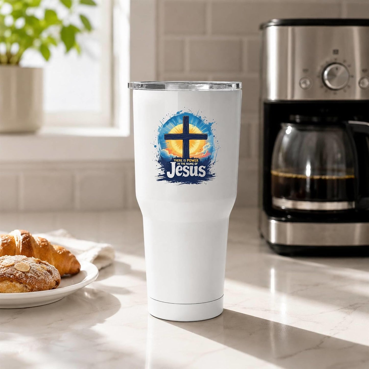 There Is Power In The Name Of Jesus 20oz Tumbler White | Evocative Cross and Sunburst Artwork for Believers Who Carry Faith Into Everyday Routines