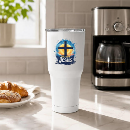 There Is Power In The Name Of Jesus 20oz Tumbler White | Evocative Cross and Sunburst Artwork for Believers Who Carry Faith Into Everyday Routines