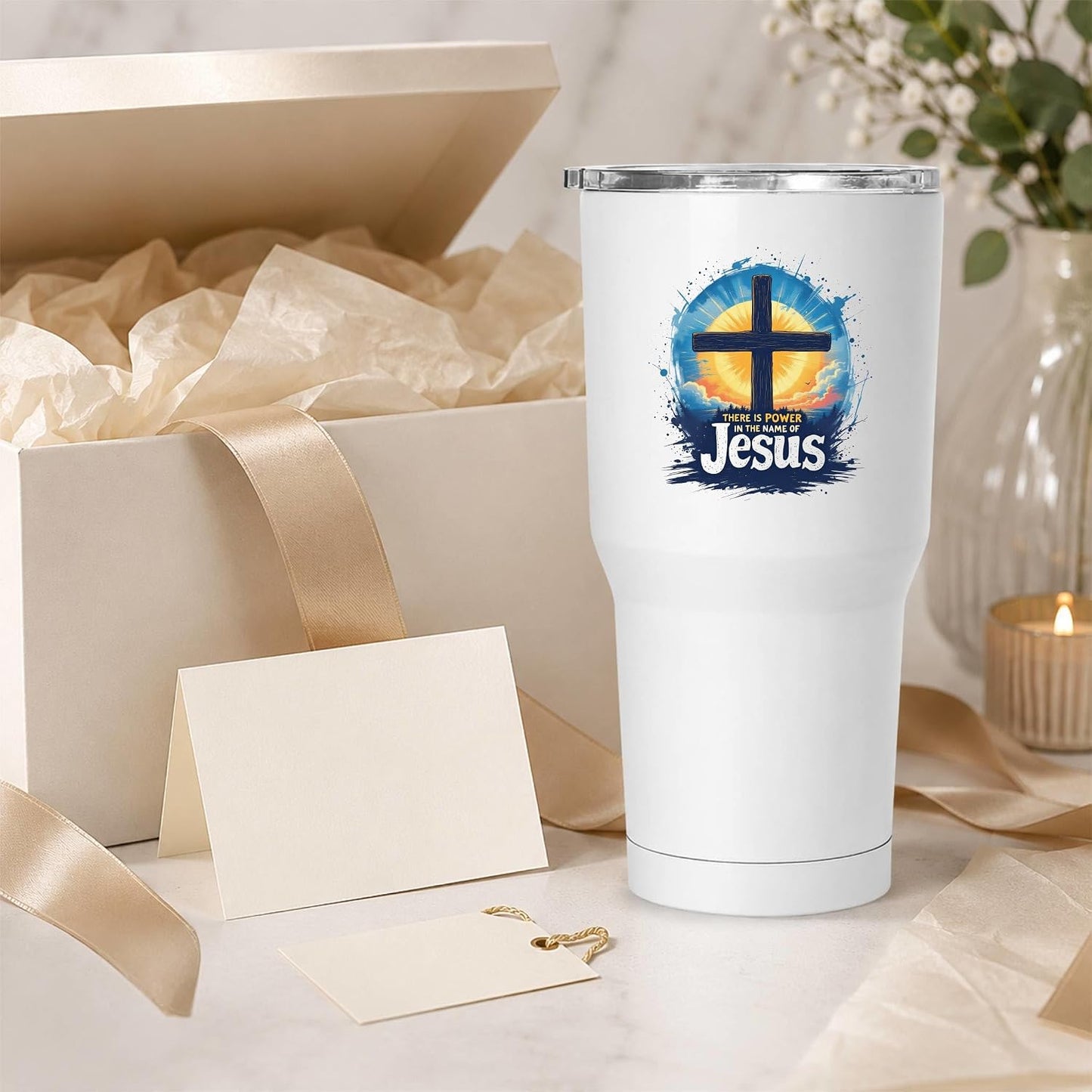 There Is Power In The Name Of Jesus 20oz Tumbler White | Evocative Cross and Sunburst Artwork for Believers Who Carry Faith Into Everyday Routines