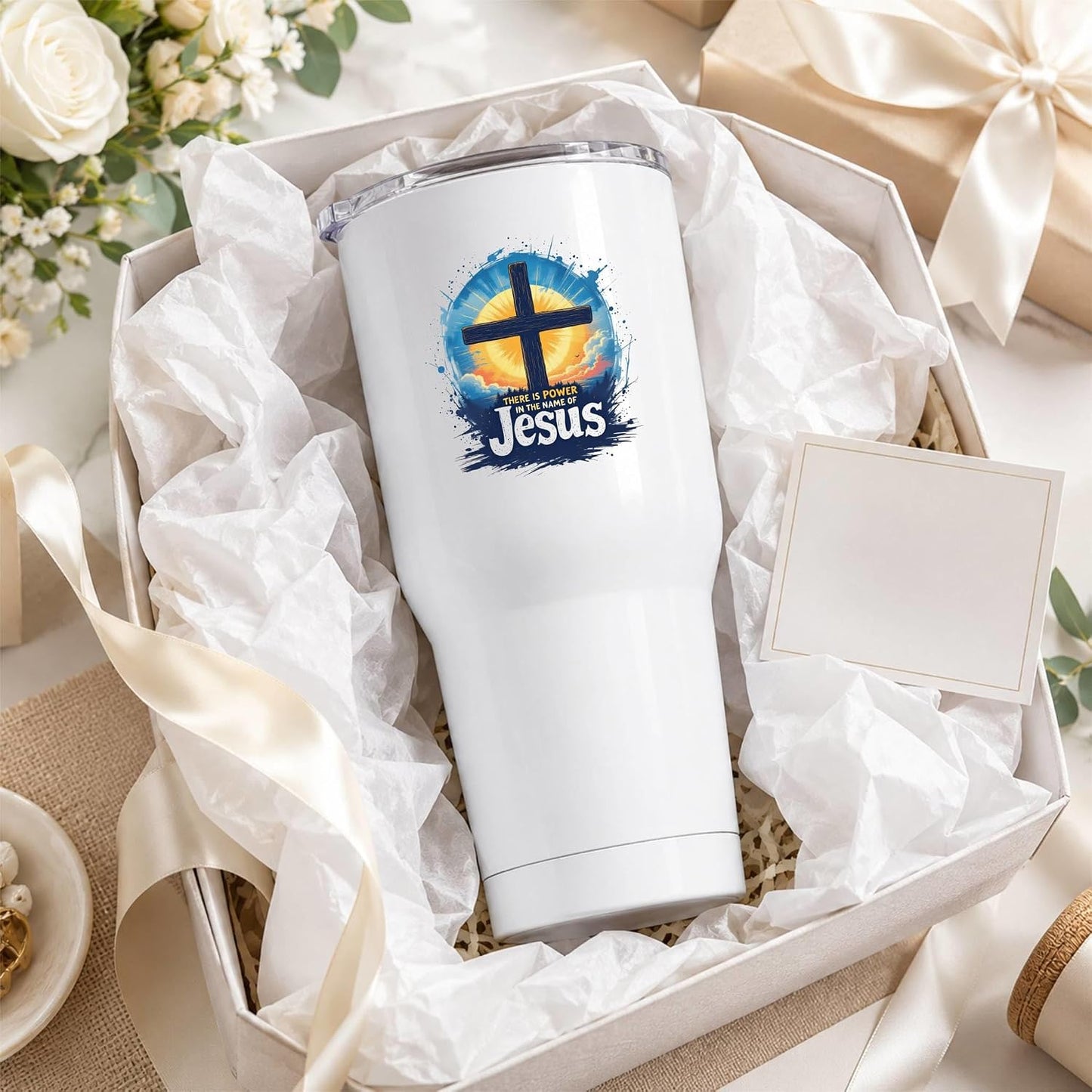 There Is Power In The Name Of Jesus 20oz Tumbler White | Evocative Cross and Sunburst Artwork for Believers Who Carry Faith Into Everyday Routines