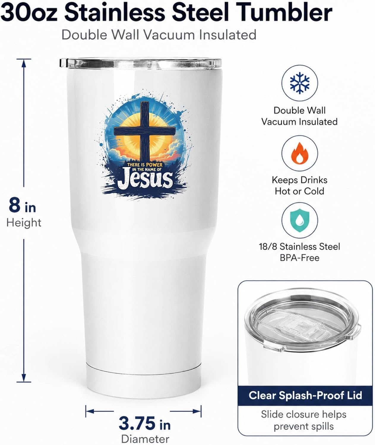 There Is Power In The Name Of Jesus 20oz Tumbler White | Evocative Cross and Sunburst Artwork for Believers Who Carry Faith Into Everyday Routines