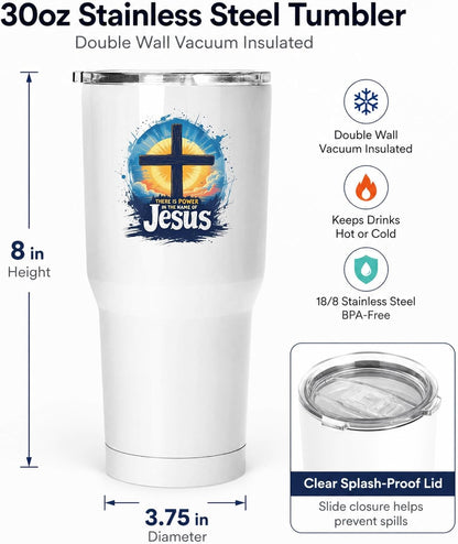 There Is Power In The Name Of Jesus 20oz Tumbler White | Evocative Cross and Sunburst Artwork for Believers Who Carry Faith Into Everyday Routines