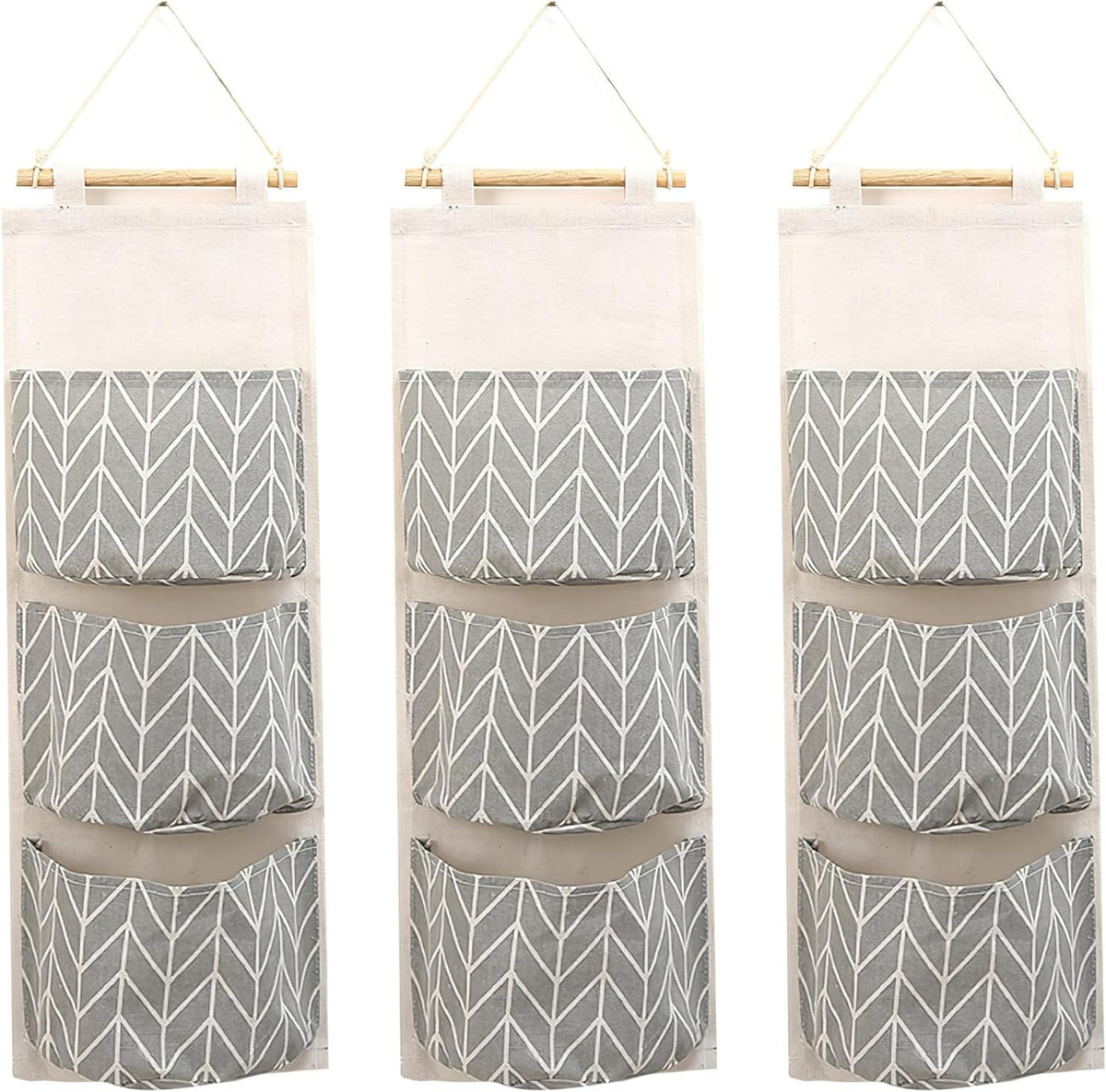3-Pack Wall Hanging Storage Bags – Over-the-Door Organizers with 3 Large Pockets (6.3" × 5.1"), Hanging Closet & Pantry Organizer for Bedroom, Bathroom, Dorm, and More (Set of 3 Colors)
