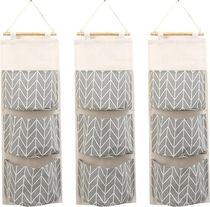 3-Pack Wall Hanging Storage Bags – Over-the-Door Organizers with 3 Large Pockets (6.3" × 5.1"), Hanging Closet & Pantry Organizer for Bedroom, Bathroom, Dorm, and More (Set of 3 Colors)