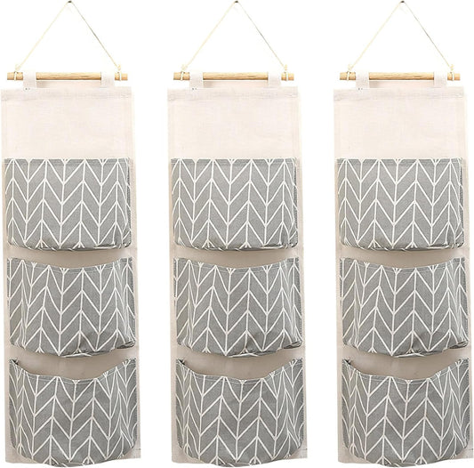 3-Pack Wall Hanging Storage Bags – Over-the-Door Organizers with 3 Large Pockets (6.3" × 5.1"), Hanging Closet & Pantry Organizer for Bedroom, Bathroom, Dorm, and More (Set of 3 Colors)