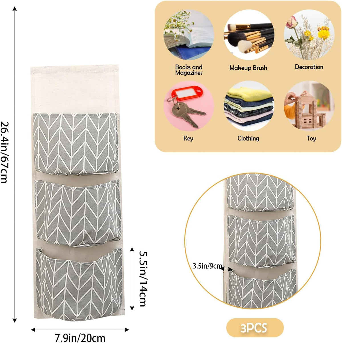 3-Pack Wall Hanging Storage Bags – Over-the-Door Organizers with 3 Large Pockets (6.3" × 5.1"), Hanging Closet & Pantry Organizer for Bedroom, Bathroom, Dorm, and More (Set of 3 Colors)