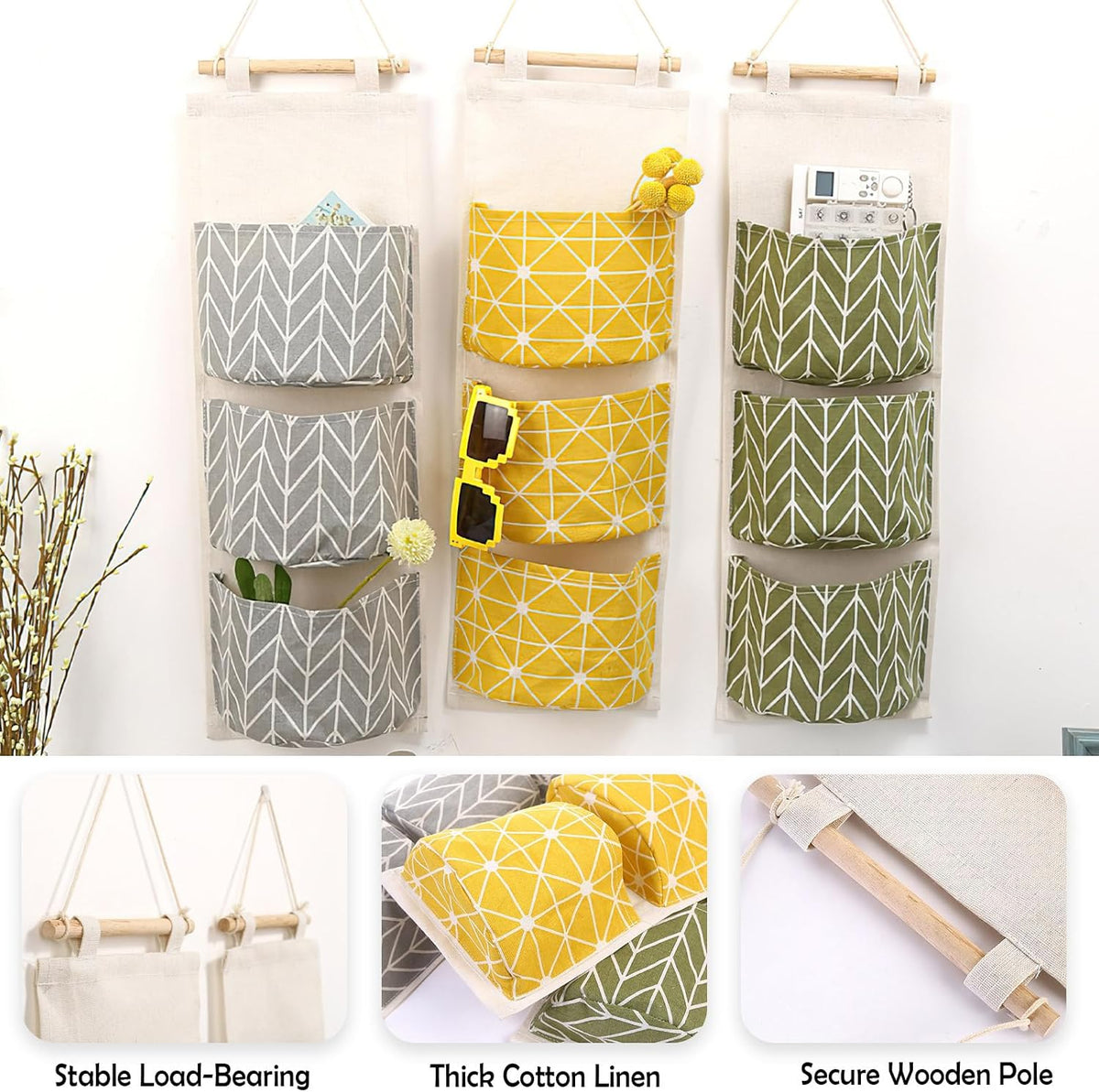 3-Pack Wall Hanging Storage Bags – Over-the-Door Organizers with 3 Large Pockets (6.3" × 5.1"), Hanging Closet & Pantry Organizer for Bedroom, Bathroom, Dorm, and More (Set of 3 Colors)