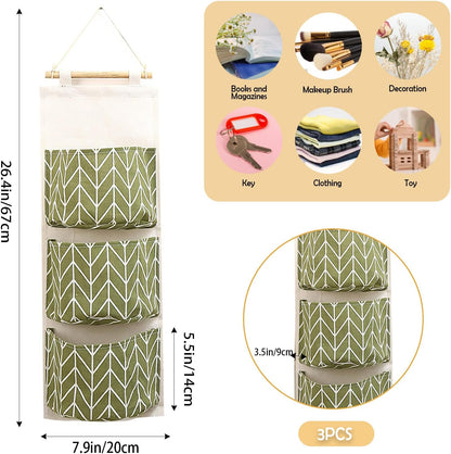 3-Pack Wall Hanging Storage Bags – Over-the-Door Organizers with 3 Large Pockets (6.3" × 5.1"), Hanging Closet & Pantry Organizer for Bedroom, Bathroom, Dorm, and More (Set of 3 Colors)