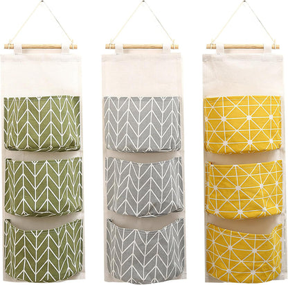 3-Pack Wall Hanging Storage Bags – Over-the-Door Organizers with 3 Large Pockets (6.3" × 5.1"), Hanging Closet & Pantry Organizer for Bedroom, Bathroom, Dorm, and More (Set of 3 Colors)
