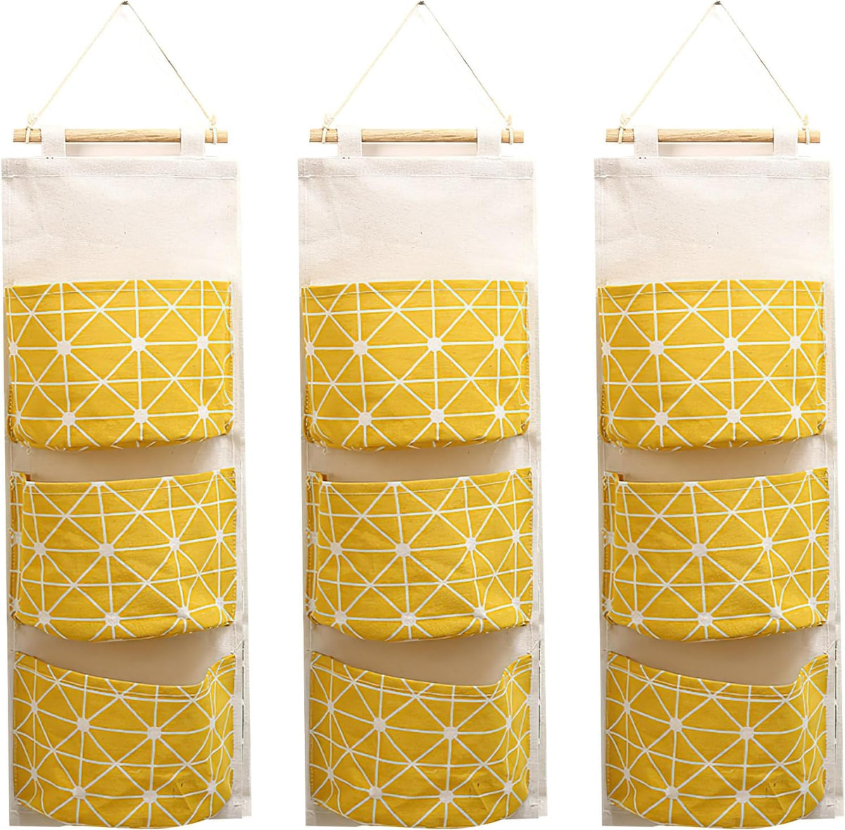 3-Pack Wall Hanging Storage Bags – Over-the-Door Organizers with 3 Large Pockets (6.3" × 5.1"), Hanging Closet & Pantry Organizer for Bedroom, Bathroom, Dorm, and More (Set of 3 Colors)