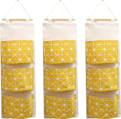 3-Pack Wall Hanging Storage Bags – Over-the-Door Organizers with 3 Large Pockets (6.3" × 5.1"), Hanging Closet & Pantry Organizer for Bedroom, Bathroom, Dorm, and More (Set of 3 Colors)