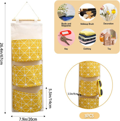 3-Pack Wall Hanging Storage Bags – Over-the-Door Organizers with 3 Large Pockets (6.3" × 5.1"), Hanging Closet & Pantry Organizer for Bedroom, Bathroom, Dorm, and More (Set of 3 Colors)