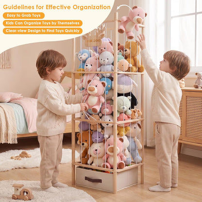 Stuffed Animal Zoo Storage Tower, 4-Tier Plush Toy Organizer, 52"