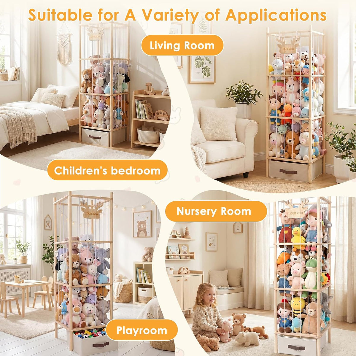 Stuffed Animal Zoo Storage Tower, 4-Tier Plush Toy Organizer, 52"